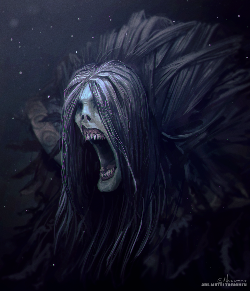 1boy artist_name black_hair commentary dark_souls_(series) decay deformed english_commentary father_ariandel grey_hair hollow_eyes long_hair old old_man open_mouth portrait rotten rotting signature skinny solo teeth wuggynaut