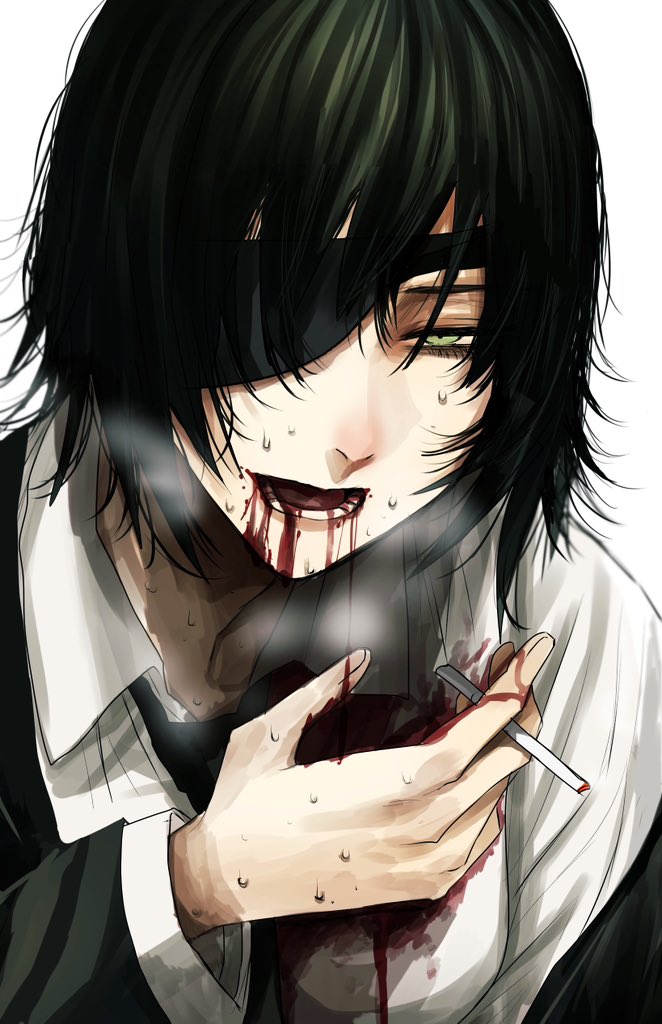 1girl black_hair black_jacket black_necktie blood blood_from_mouth blood_on_clothes blood_on_face blood_on_hands chainsaw_man cigarette collared_shirt dying eyepatch green_eyes himeno_(chainsaw_man) holding holding_cigarette hoshi_san_3 jacket looking_at_viewer necktie off_shoulder open_mouth shirt short_hair smoke solo suit suit_jacket sweat white_shirt