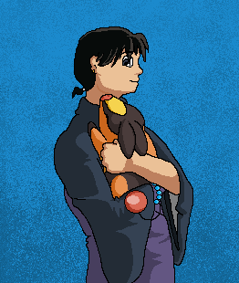 2012 aliasing ambiguous_gender black_body black_hair blue_background bluekyokitty bracelet cel_shading clothed clothing crossover digital_drawing_(artwork) digital_media_(artwork) duo feral generation_5_pokemon hair half-length_portrait holding_another human humanoid_hands inuyasha jewelry low_res male mammal miroku_(inuyasha) nintendo orange_body pokemon pokemon_(species) portrait red_nose sebdoggo shaded simple_background tepig yellow_body