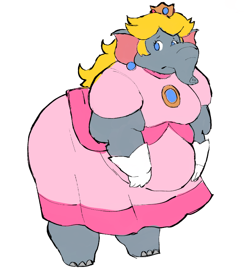 anthro belly big_butt blonde_hair blue_eyes breasts butt clothing crown dress ear_piercing ear_ring elephant elephant_peach elephant_toes elephantid fapolantern fat_arms female gloves hair handwear hanging_belly headgear mammal mario_bros nintendo overweight overweight_female piercing princess_peach proboscidean proboscis_(anatomy) ring_piercing solo super_mario_bros_wonder trunk_(anatomy)