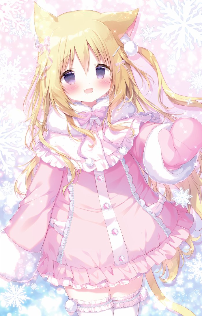 1girl :d animal_ear_fluff animal_ears blonde_hair blush bow cat_ears cat_girl cat_tail coat commentary_request fang frilled_thighhighs frills fur-trimmed_sleeves fur_trim hair_between_eyes hair_bow long_hair long_sleeves looking_at_viewer mittens one_side_up original pink_bow pink_coat pink_mittens purple_eyes shiratama_(shiratamaco) smile snowflakes solo tail thighhighs transparent very_long_hair white_thighhighs