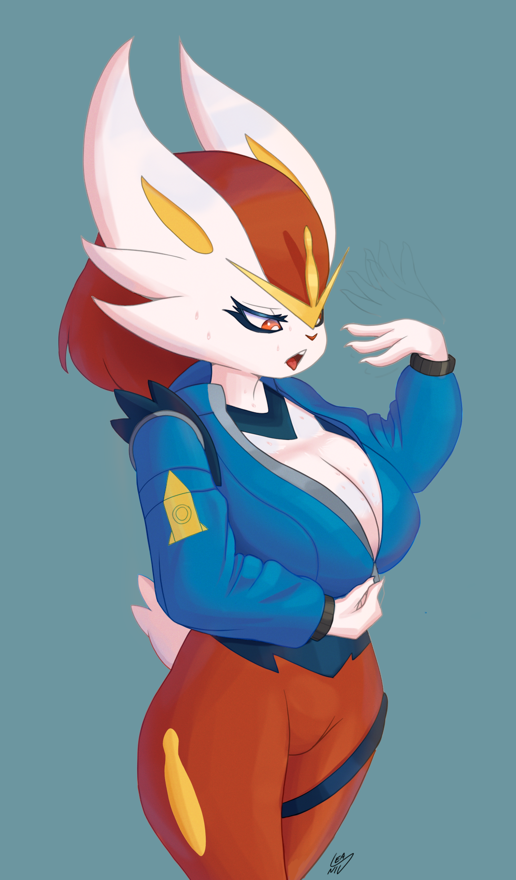 anthro big_breasts breasts cinderace cleavage clothed clothing featureless_crotch female fur generation_8_pokemon hi_res jacket lagomorph leaniv mammal nintendo pokemon pokemon_(species) solo standing topwear white_body white_fur