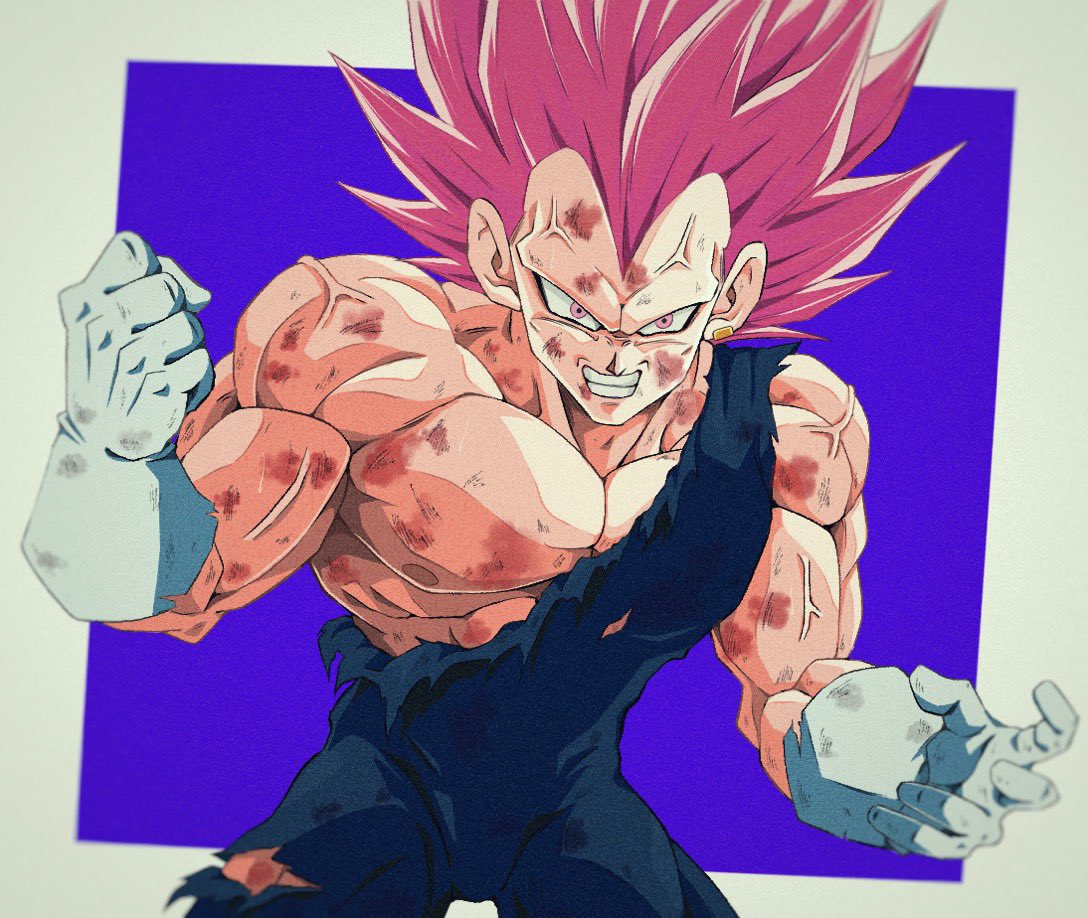 1boy angry bare_shoulders battle_damage biceps blue_background blue_bodysuit bodysuit bruise bure_(fantasticyouth7) clenched_hand clenched_teeth commentary_request dragon_ball dragon_ball_super gloves hands_up injury looking_at_viewer male_focus muscular muscular_male no_eyebrows pectorals purple_hair scratches simple_background solo spiked_hair teeth torn_bodysuit torn_clothes two-tone_background ultra_ego_(dragon_ball) v-shaped_eyebrows vegeta veins white_background white_gloves widow's_peak