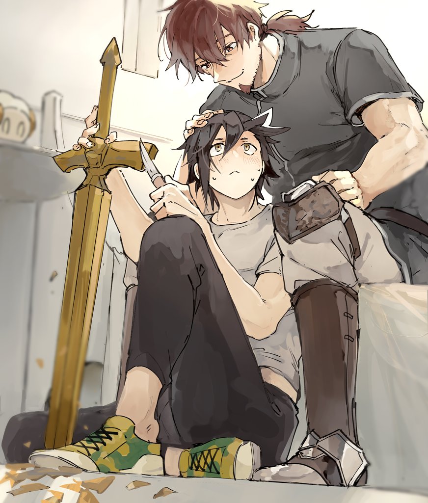 2boys apollo_(fate) black_hair black_pants black_shirt boots brown_eyes brown_hair carving closed_mouth eye_contact facial_hair fate/grand_order fate_(series) fingernails frown goatee hair_between_eyes hand_on_another's_head hector_(fate) indoors knee_pads looking_at_another male_focus mandricardo_(fate) midriff_peek multicolored_hair multiple_boys pants ponytail shirt shoes short_sleeves sitting smile sneakers streaked_hair sword tumikilondon5 weapon white_pants white_shirt wood_carving_tool wooden_sword yaoi