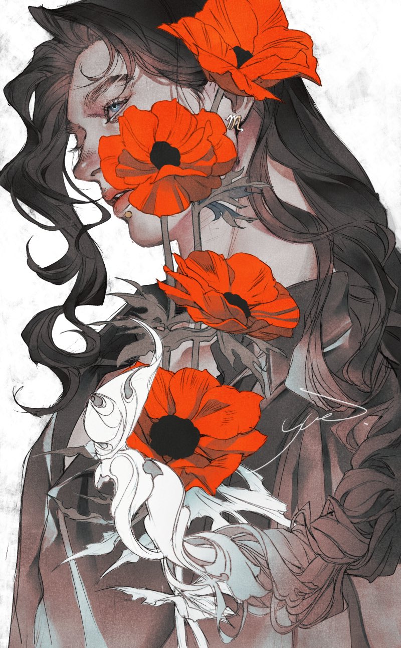 1girl black_hair blue_eyes chin_piercing earrings flower from_side highres jewelry leaf long_hair looking_ahead original parted_bangs parted_lips red_flower signature simple_background solo upper_body white_background yue_(memento1113)