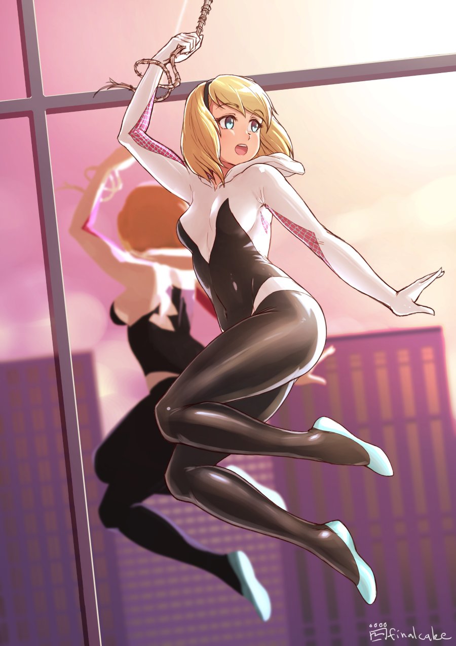 1girl animification artist_name blonde_hair blue_eyes bodysuit building city covered_navel english_commentary evening finalcake gwen_stacy hairband highres hood hooded_bodysuit marvel open_mouth reflection revision short_hair silk smile solo spider-gwen spider-man_(series) spider_web spider_web_print sunlight sunset superhero window