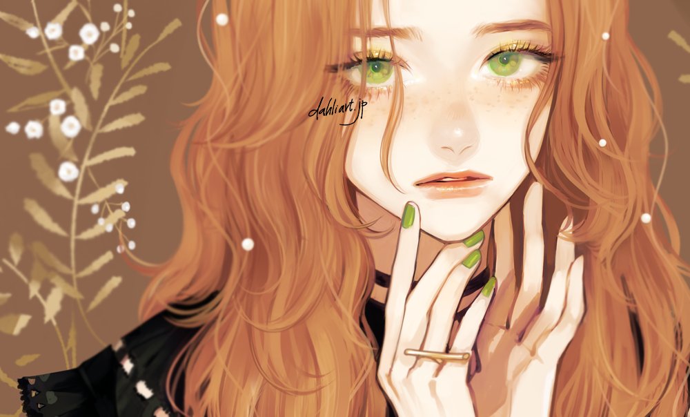 1girl brown_background choker copyright_request eyelashes eyeshadow freckles green_eyes green_nails hands_on_own_chin jewelry lips looking_at_viewer makeup nail_polish orange_hair parted_lips portrait ring solo takenaka unfinished wavy_hair yellow_eyeshadow