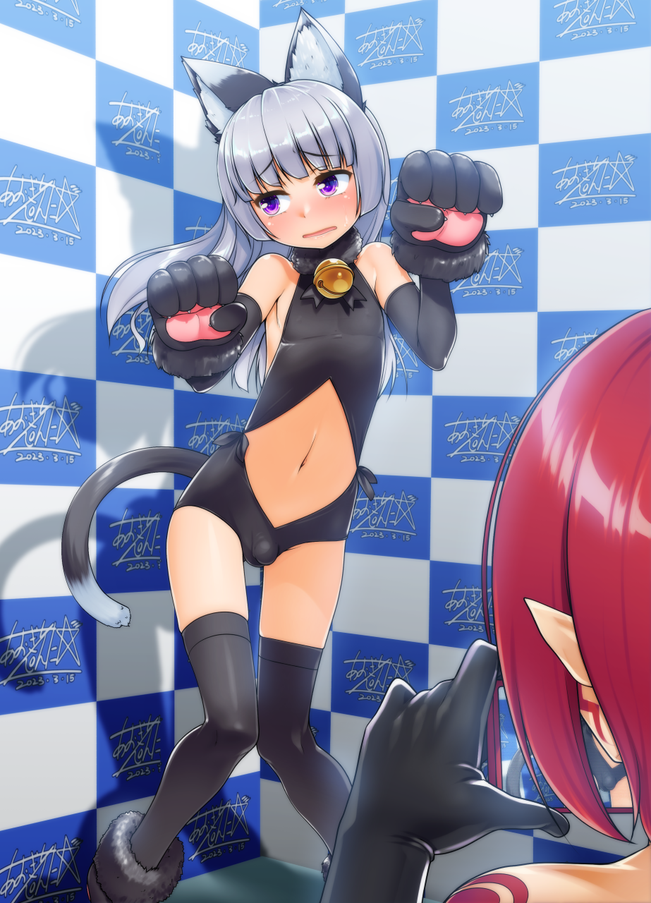 1boy 1girl animal_ears animal_hands aogiri_penta bell black_gloves black_thighhighs blue_hair blush bulge cat_boy cat_ears cat_tail clothing_cutout commission crossdressing embarrassed gloves highres jingle_bell looking_away male_focus navel_cutout open_mouth original otoko_no_ko paw_gloves pointy_ears purple_eyes red_hair skeb_commission solo_focus standing tail taking_picture thighhighs