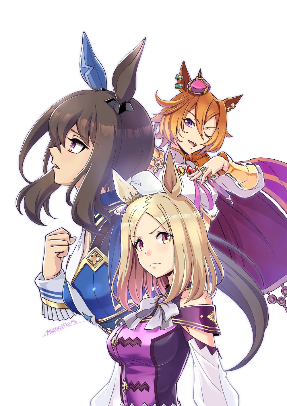 3girls admire_vega_(umamusume) animal_ears as'maria blonde_hair blue_dress breasts brown_hair cape clenched_hand crown dress frown highres horse_ears jewelry long_hair long_sleeves looking_at_viewer medium_breasts mini_crown multicolored_eyes multiple_girls multiple_rings multiple_views narita_top_road_(umamusume) necktie off-shoulder_dress off_shoulder one_eye_closed open_mouth orange_hair pink_cape purple_dress purple_eyes ring shirt short_hair signature simple_background sleeveless sleeveless_dress small_breasts smile t.m._opera_o_(umamusume) umamusume umamusume:_road_to_the_top v-shaped_eyebrows white_background white_necktie white_shirt