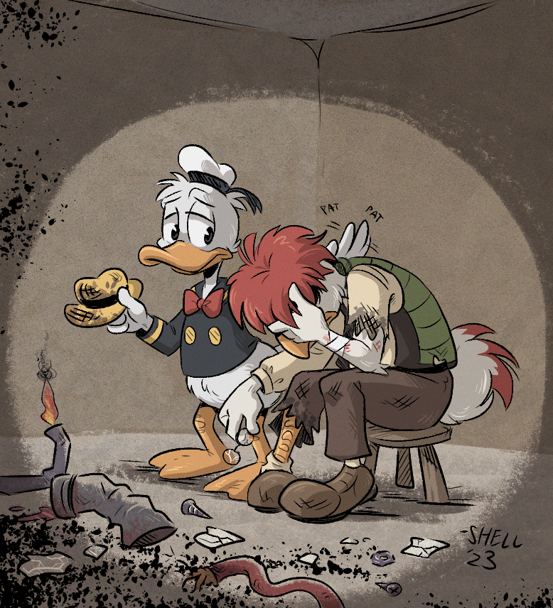 2023 anatid anseriform anthro arm_tuft avian bandage bandaged_arm beak belly_tuft bird black_clothing bottomwear bow_accessory broken_glass broken_glasses brown_background brown_clothing burnt_clothing cheek_tuft chicken clothing comforting cracked_glass cracked_glasses debris disney donald_duck donald_duck_(comics) duck duo elbow_on_leg elbow_tuft facial_tuft feathers fire fluffy fluffy_tail footwear galliform gallus_(genus) glass green_clothing grey_clothing gyro_gearloose hair hand_on_face hand_on_head hat head_down head_tuft headgear headwear holding_object male membrane_(anatomy) orange_beak orange_legs pants patting patting_back phasianid pipes red_body red_clothing red_feather_hair red_feathers red_hair sailor_hat sailor_uniform scratches screw screws scuted_legs scutes shellyochunks shirt signature simple_background sitting sitting_on_stool smoke socks tail tan_clothing topwear torn_bottomwear torn_clothing torn_pants torn_shirt torn_topwear tube tuft vest webbed_feet white_body white_clothing white_feathers wire yellow_clothing