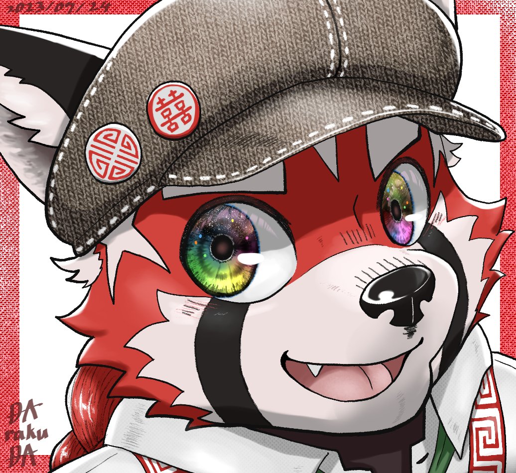 ailurid anthro braided_hair braided_ponytail bust_portrait clothing darakuda810 dress_shirt fur hair hat headgear headwear lifewonders male mammal multicolored_eyes ponytail portrait red_body red_fur red_panda shirt solo tokyo_afterschool_summoners topwear young zhurong_(tas)