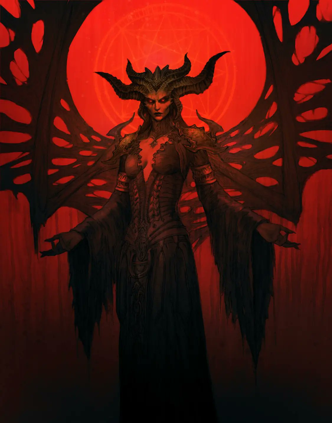 1girl bat_wings black_horns breasts closed_mouth demon demon_girl demon_horns demon_wings diablo_4 dress highres horns jason_engle lilith_(diablo) long_sleeves looking_at_viewer medium_breasts red_background robe solo torn_robe wings