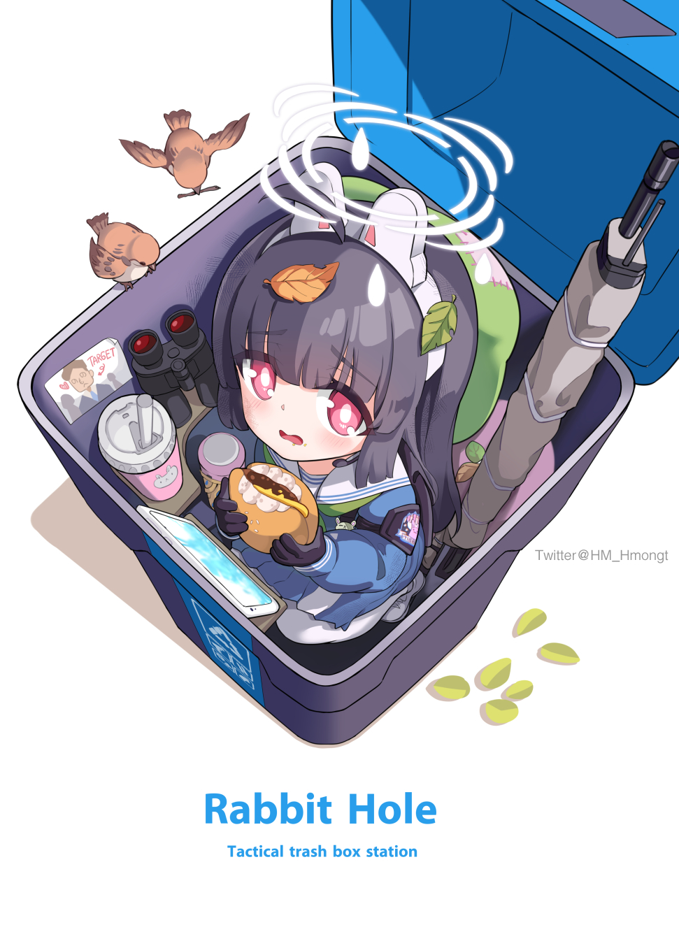 1girl animal_ears arrow_(symbol) binoculars bird black_hair blue_archive blue_serafuku blush bolt_action burger cameo cheese commentary cup disposable_cup drink drinking_straw duplicate eating english_commentary english_text fake_animal_ears food from_above green_neckerchief gun halo henohenomoheji highres hm_(hmongt) holding holding_food in_container korean_commentary leaf leaf_on_head looking_at_viewer miyu_(blue_archive) mosin-nagant neckerchief pantyhose pixel-perfect_duplicate rabbit_ears recycling_symbol red_eyes rifle school_uniform sensei_(blue_archive) serafuku simple_background solo sparrow squatting tablet_pc trapped trash_can twig twitter_username weapon white_background white_pantyhose