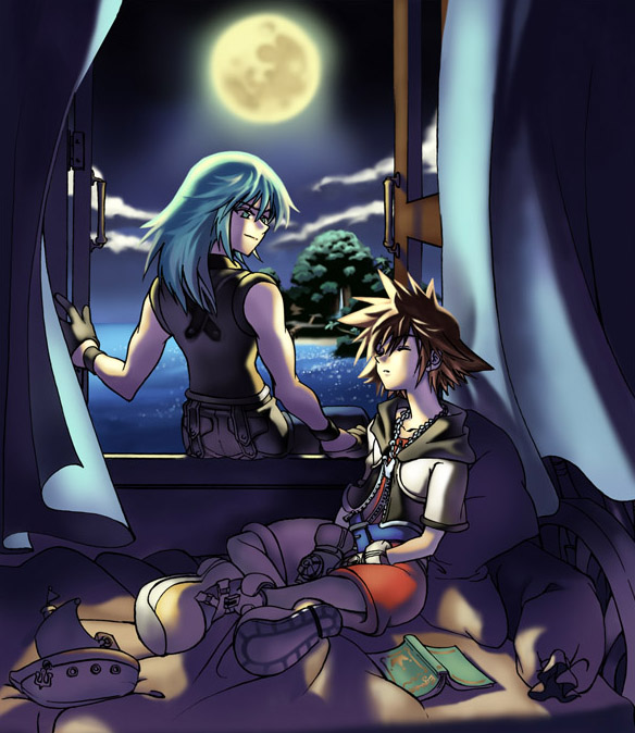 2boys bed bed_frame bedroom belt black_gloves black_jacket black_wristband blue_belt blue_eyes blue_hair boat book brown_hair chain_necklace closed_eyes cloud cloudy_sky commentary cropped_jacket eguana english_commentary facing_away full_moon gloves hood hood_down hooded_jacket island jacket jewelry jumpsuit kingdom_hearts kingdom_hearts_i looking_back male_focus medium_hair moon moonlight multiple_boys necklace night night_sky ocean on_bed open_clothes open_jacket open_window pants red_jumpsuit riku_(kingdom_hearts) sailboat shirt shoes short_hair short_jumpsuit sitting sky sleeping sleeveless sleeveless_shirt smile sora_(kingdom_hearts) toy tree watercraft white_gloves wind window window_blinds windowsill wristband yellow_footwear yellow_shirt zipper
