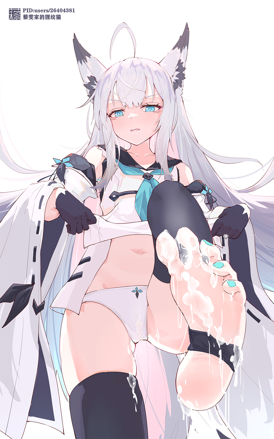 1girl animal_ear_fluff animal_ears azur_lane black_gloves black_sailor_collar black_thighhighs blue_eyes blue_nails blue_neckerchief blue_ribbon clothes_lift detached_sleeves disgust feet foot_focus fox_ears fox_girl gloves highres kawakaze_(azur_lane) liwendala long_hair looking_at_viewer nail_polish navel neckerchief panties pedicure ribbon ribbon-trimmed_sleeves ribbon_trim sailor_collar scowl shirt_lift soles solo stirrup_legwear suggestive_fluid thighhighs toeless_legwear toes underwear white_hair white_panties wide_sleeves