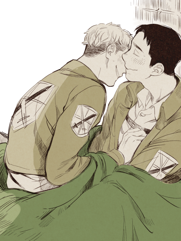 2boys against_wall blush capelet collared_jacket freckles green_capelet happy jean_kirchstein laughing male_focus marco_bodt multiple_boys musikolis paradis_military_uniform shingeki_no_kyojin short_hair sideburns spot_color yaoi