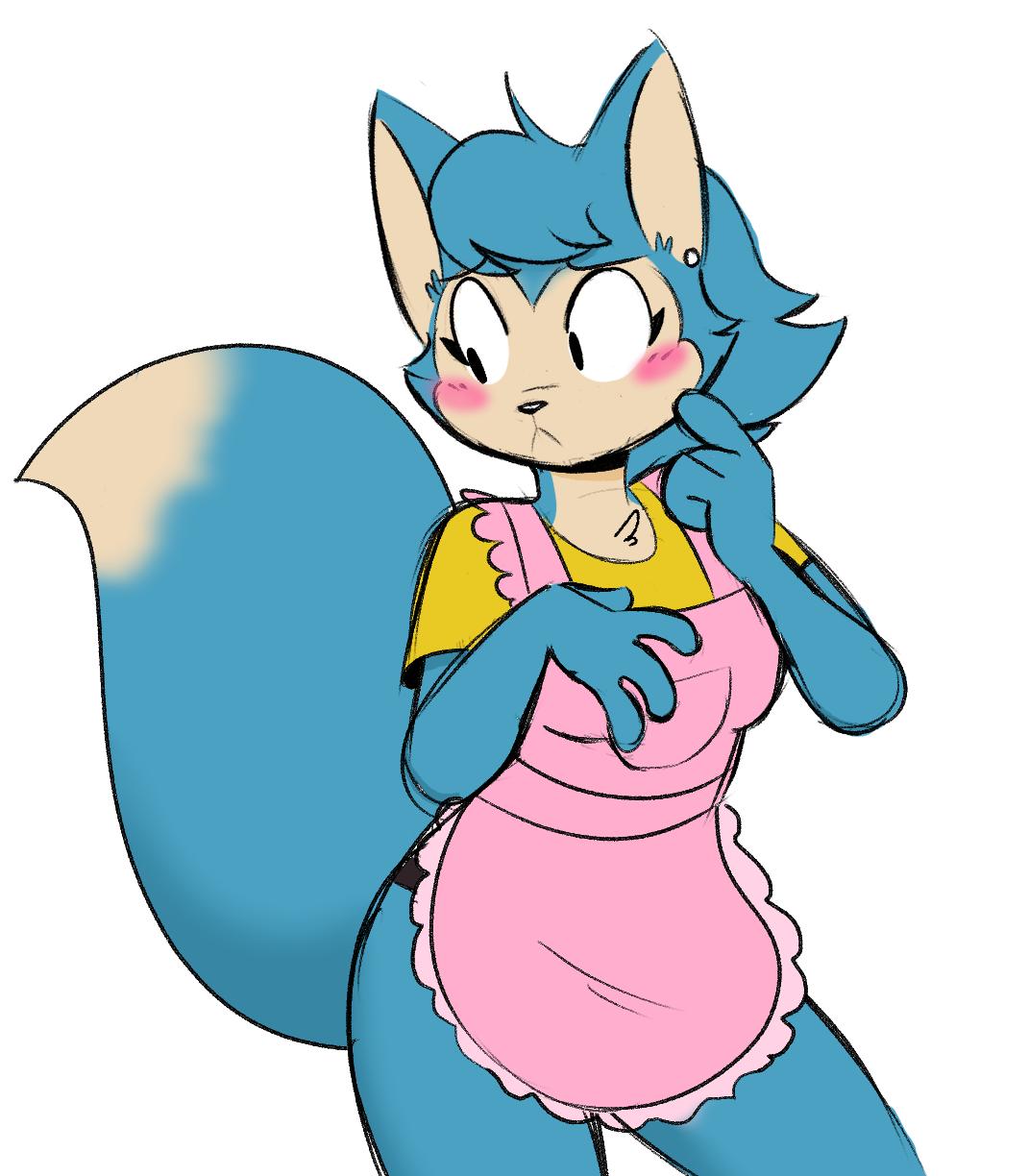 2019 4_fingers :&lt; anthro apron biped black_bottomwear black_clothing black_nose black_shorts blue_body blue_ears blue_fur blue_hair blue_tail blue_tuft blush blush_stickers bottomwear breasts cheek_tuft chest_tuft clothed clothed_anthro clothed_female clothing colored contrapposto countershade_face countershade_neck countershade_torso countershading digital_drawing_(artwork) digital_media_(artwork) dipstick_tail domestic_cat ear_piercing eyebrow_through_hair eyebrows eyelashes facial_tuft felid feline felis female female_anthro fingers fluffy fluffy_tail front_view fur hair hi_res kabula_(artist) looking_aside mammal markings pearl_earring piercing pink_apron pink_blush portrait prick_ears shirt shorts simple_background solo tail tail_markings tan_body tan_countershading tan_inner_ear tan_markings tan_tuft three-quarter_portrait topwear translucent translucent_hair tuft white_background yellow_clothing yellow_shirt yellow_topwear