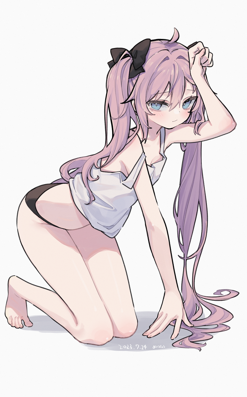 1girl arm_support arm_up barefoot black_bow black_panties blue_eyes blush bow closed_mouth dated full_body grey_background hair_between_eyes hair_bow highres long_hair looking_at_viewer mimelond off_shoulder original panties pink_hair simple_background solo tank_top tekitou_(mimelond) twintails underwear white_tank_top