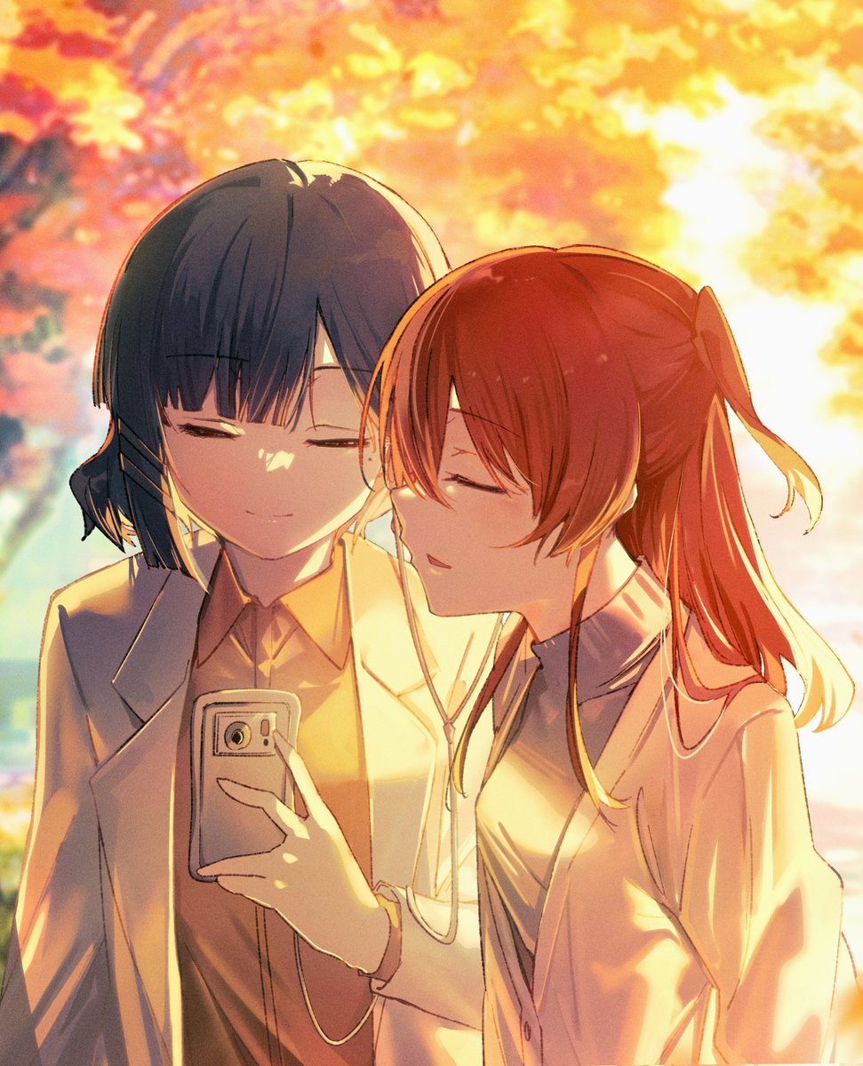 2girls autumn autumn_leaves blue_hair bocchi_the_rock! cellphone closed_eyes closed_mouth commentary_request dark_blue_hair earphones highres holding holding_phone kita_ikuyo listening_to_music long_hair long_sleeves multiple_girls one_side_up outdoors parted_lips phone red_hair shared_earphones shirt short_hair smartphone suit sweater tree white_shirt white_suit white_sweater yamada_ryo yoru_kiri
