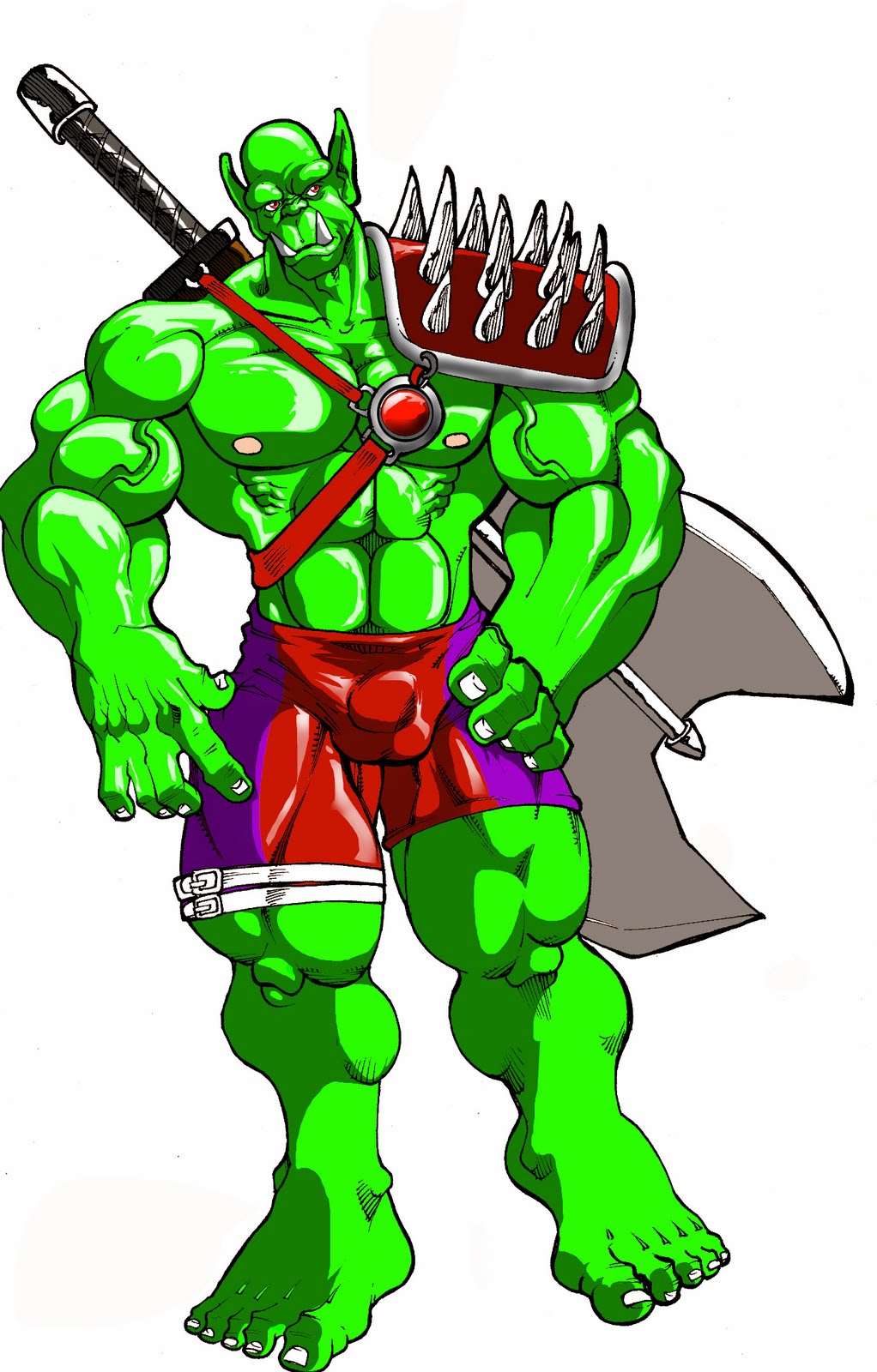 abs armor axe bottomwear bulge clothing green_body green_skin hi_res humanoid male muscular muscular_male nipples orc pecs pink_nipples shorts solo tomcat_(artist) trassk vein veiny_muscles