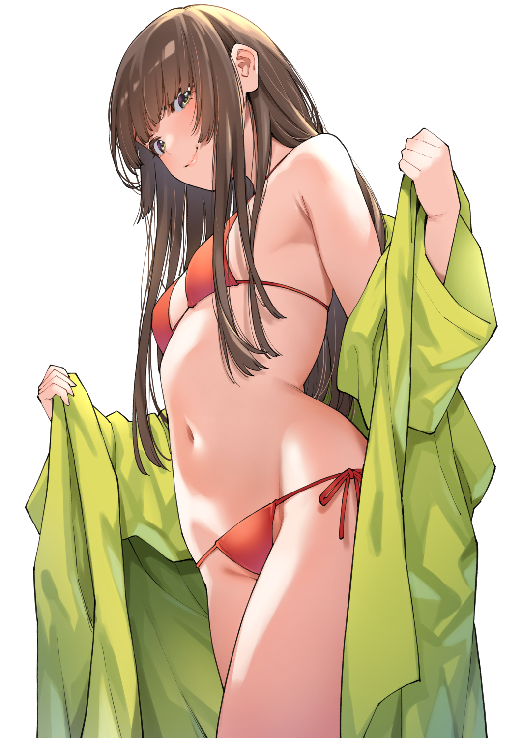 1girl amagami armpit_crease bangs bare_shoulders bikini breasts closed_mouth coat commentary_request cowboy_shot from_below green_coat green_eyes groin highres kamizaki_risa long_hair long_sleeves looking_at_viewer looking_down micro_bikini navel off_shoulder open_clothes open_coat red_bikini shouji_nigou side-tie_bikini_bottom sidelocks simple_background skindentation small_breasts smile solo stomach string_bikini swimsuit thighs white_background wide_sleeves