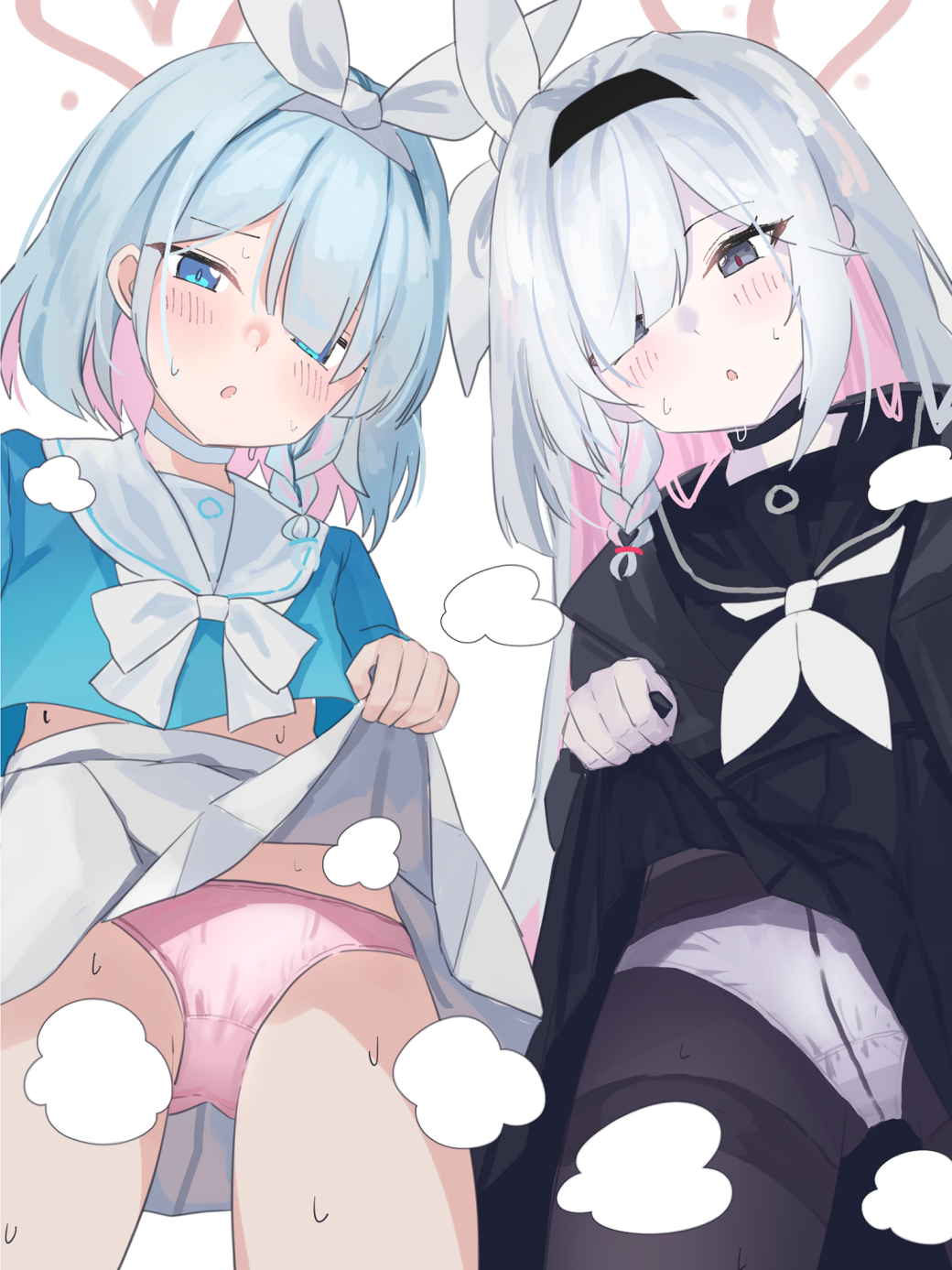 2girls a.r.o.n.a_(blue_archive) arona_(blue_archive) ass_visible_through_thighs black_choker black_eyes black_hairband black_pantyhose black_sailor_collar black_serafuku black_shirt blue_archive blue_eyes blue_hair blue_shirt blush bow bow_hairband braid choker clothes_lift cowboy_shot crotch_seam from_below hair_bow hair_over_one_eye hairband halo heart heart_halo highres holding lifted_by_self light_blue_hair long_hair multicolored_hair multiple_girls pale_skin panties pantyhose pink_hair pink_panties pleated_skirt red_pupils sailor_collar school_uniform serafuku shirt simple_background single_braid skirt skirt_lift steam steaming_body sweat thighband_pantyhose tsumayouji_(tumayog) underwear white_background white_bow white_choker white_panties white_sailor_collar