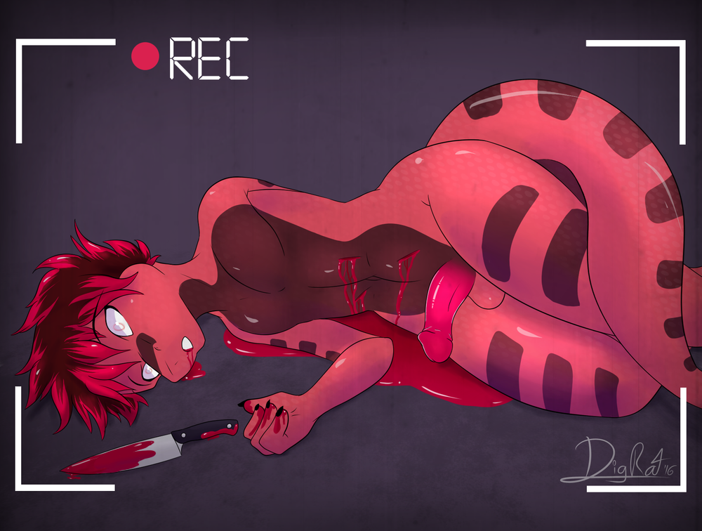 2016 anthro black_body black_skin blood bodily_fluids camera_overlay death digital_drawing_(artwork) digital_media_(artwork) digrat furx_(character) killing knife lizard lying male on_side red_body red_skin reptile scalie signature snuff solo wounded