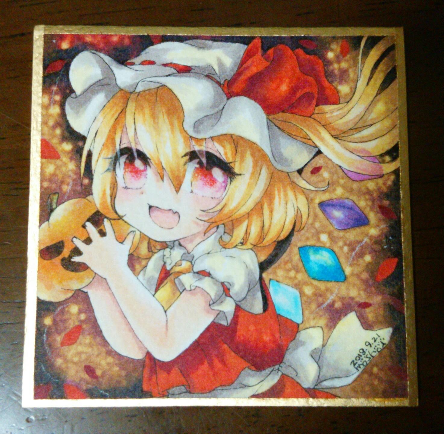 1girl artist_name ascot blonde_hair brown_background collared_shirt cowboy_shot dated fang flandre_scarlet food frilled_shirt_collar frilled_sleeves frills hat highres holding holding_food holding_pumpkin holding_vegetable looking_at_viewer marker_(medium) medium_hair mob_cap mosho multicolored_wings one_side_up open_mouth photo_(medium) puffy_short_sleeves puffy_sleeves pumpkin red_eyes red_ribbon red_skirt red_vest ribbon ribbon-trimmed_headwear ribbon-trimmed_sleeves ribbon_trim shirt short_sleeves skin_fang skirt skirt_set solo touhou traditional_media vegetable vest white_headwear white_shirt wings yellow_ascot