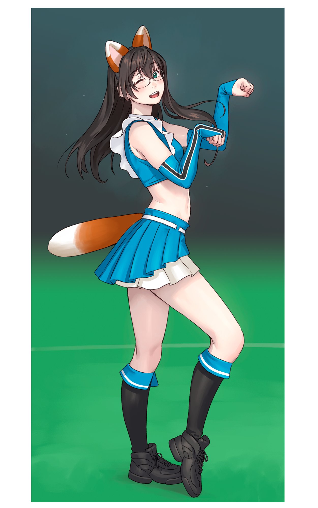 1girl alternate_costume animal_ears animal_hands baseball_stadium black_footwear black_hair black_socks blue_shirt blue_skirt breasts bridal_gauntlets cheerleader fox_ears fox_tail full_body gloves green_eyes highres hokkaido_nippon-ham_fighters kantai_collection kitsune_dance layered_skirt long_hair midriff nippon_professional_baseball one_eye_closed ooyodo_(kancolle) open_mouth paw_gloves paw_pose pleated_skirt round_teeth semi-rimless_eyewear shirt shoes skirt sleeveless sleeveless_shirt small_breasts smile sneakers socks solo tail teeth under-rim_eyewear upper_teeth_only yuuji_(and)