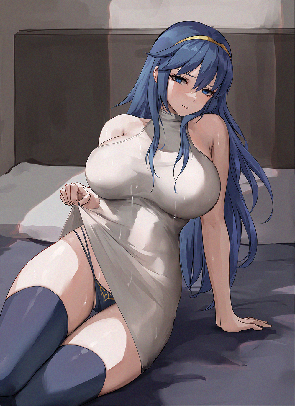 1girl alternate_breast_size arm_support bare_arms bare_shoulders black_panties black_thighhighs blue_eyes blue_hair breasts chihunhentai clothes_lift curvy dress dress_lift fire_emblem fire_emblem_awakening gold_hairband hairband highres indoors large_breasts lifted_by_self long_hair looking_at_viewer lucina_(fire_emblem) on_bed panties revision sidelocks sitting sleeveless smile solo sweat thighhighs thighs tiara underwear upskirt