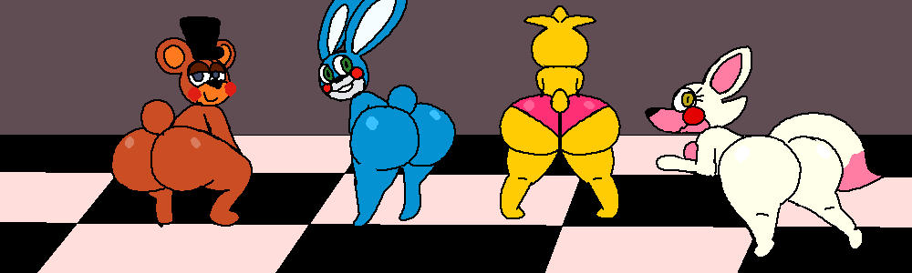 all_fours animated animatronic anthro avian bear bent_over big_butt bird black_clothing black_hat black_headwear black_top_hat blue_body blue_eyes breasts brown_body buckteeth butt canid canine checkered_floor chicken clothing digital_media_(artwork) female five_nights_at_freddy's five_nights_at_freddy's_2 fox galliform gallus_(genus) green_eyes group half-closed_eyes hat headgear headwear lagomorph leporid long_ears looking_back machine male mammal mangle_(fnaf) multicolored_body narrowed_eyes on_ground panties phasianid pink_body pink_clothing pink_panties pink_underwear presenting presenting_hindquarters rabbit rear_view robot scottgames shaking shaking_butt sketchybun smile teeth thick_thighs top_hat toy_bonnie_(fnaf) toy_chica_(fnaf) toy_freddy_(fnaf) twerking two_tone_body underwear white_body yellow_body yellow_eyes