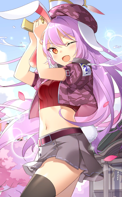 1girl animal_ears arm_belt arms_up belt belt_buckle beret black_thighhighs blue_sky breasts buckle buttons camouflage camouflage_headwear camouflage_jacket cherry_blossoms cloud collar collared_jacket crop_top cropped_jacket eyelashes floppy_ears game_cg grey_collar grey_skirt hat holding holding_megaphone jacket light_blush light_purple_hair long_hair looking_at_viewer medium_breasts megaphone midriff miniskirt navel official_alternate_costume official_art one_eye_closed open_mouth outdoors pink_belt pink_headwear pink_jacket puffy_short_sleeves puffy_sleeves rabbit_ears rabbit_tail red_eyes red_shirt reisen_udongein_inaba ribbon-trimmed_skirt ribbon_trim rie_(reverie) shirt short_sleeves shrine skirt sky smile solo sparkle striped striped_shirt sunlight tail thighhighs touhou touhou_cannonball tree vertical-striped_shirt vertical_stripes water_drop zettai_ryouiki