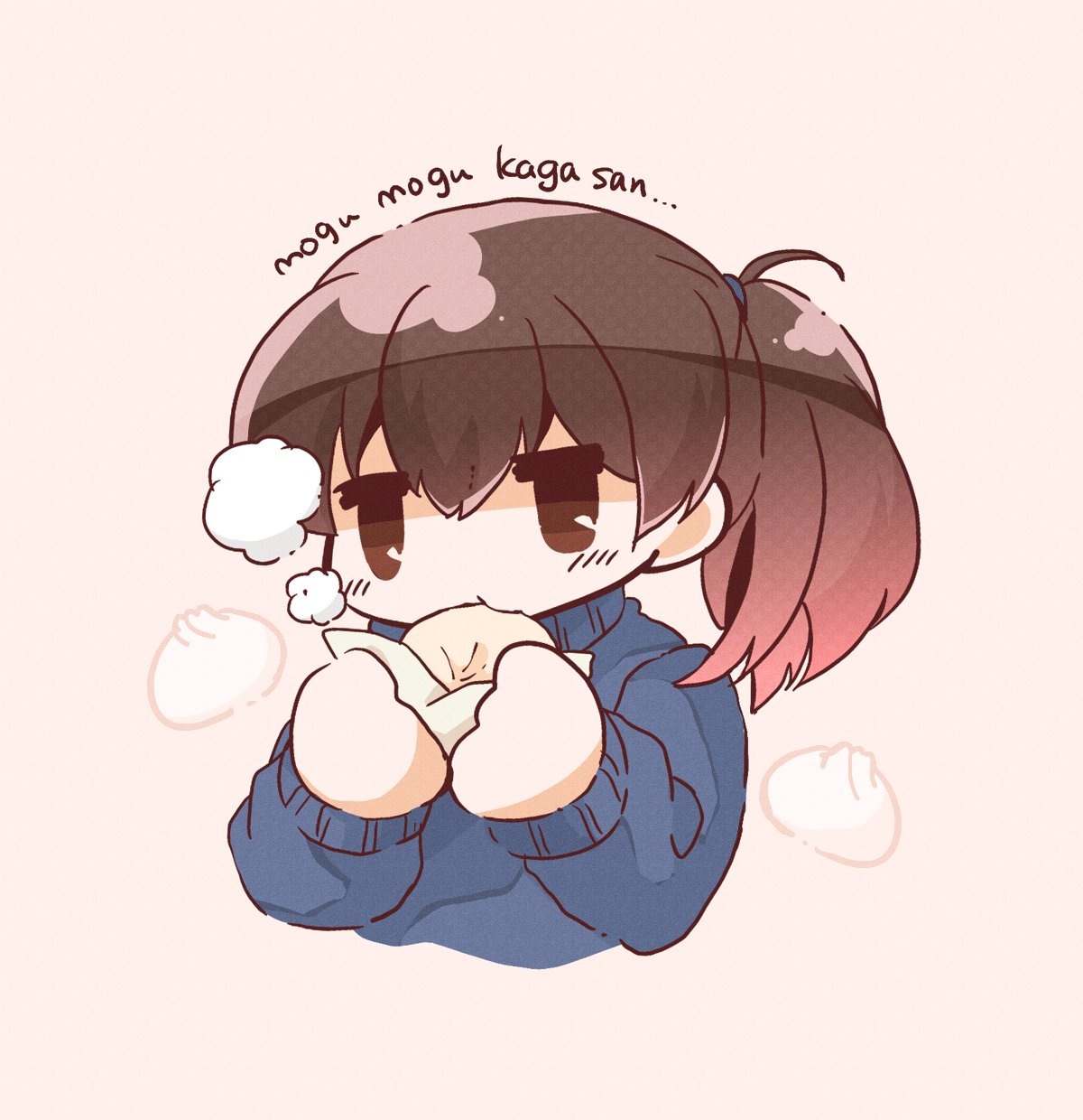 1girl alternate_costume baozi bloom2425 blue_sweater brown_eyes brown_hair cropped_torso eating food gradient_hair highres kaga_(kancolle) kantai_collection long_hair multicolored_hair solo sweater upper_body