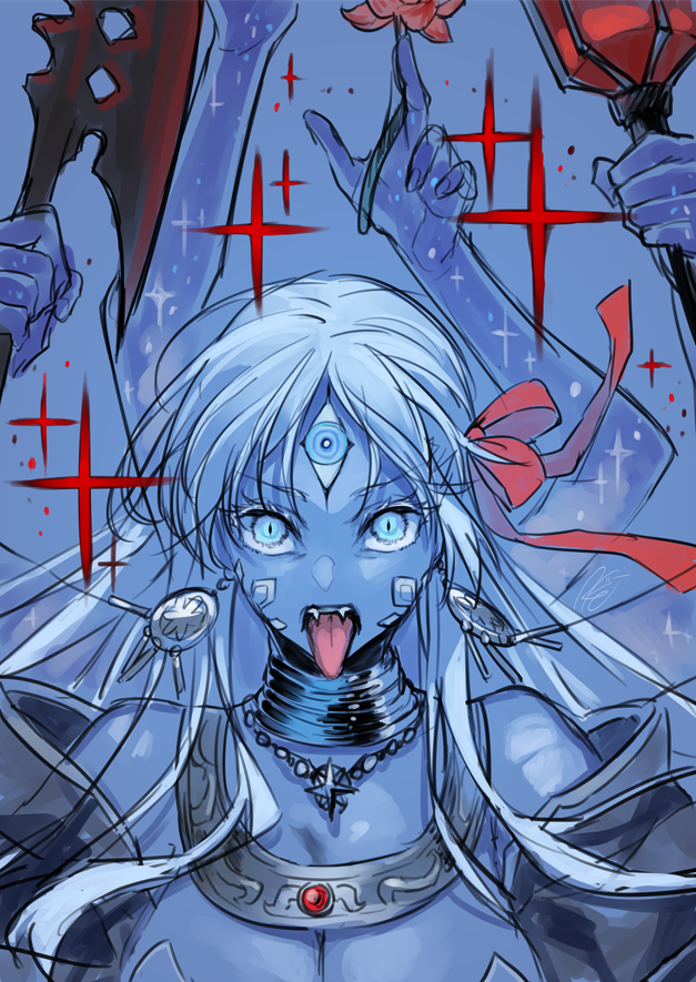 1girl blue_background blue_eyes blue_skin breasts colored_skin earrings extra_arms fangs fate/grand_order fate_(series) flower holding holding_flower jewelry kali_(fate) large_breasts long_hair rkp third_eye tongue tongue_out white_hair