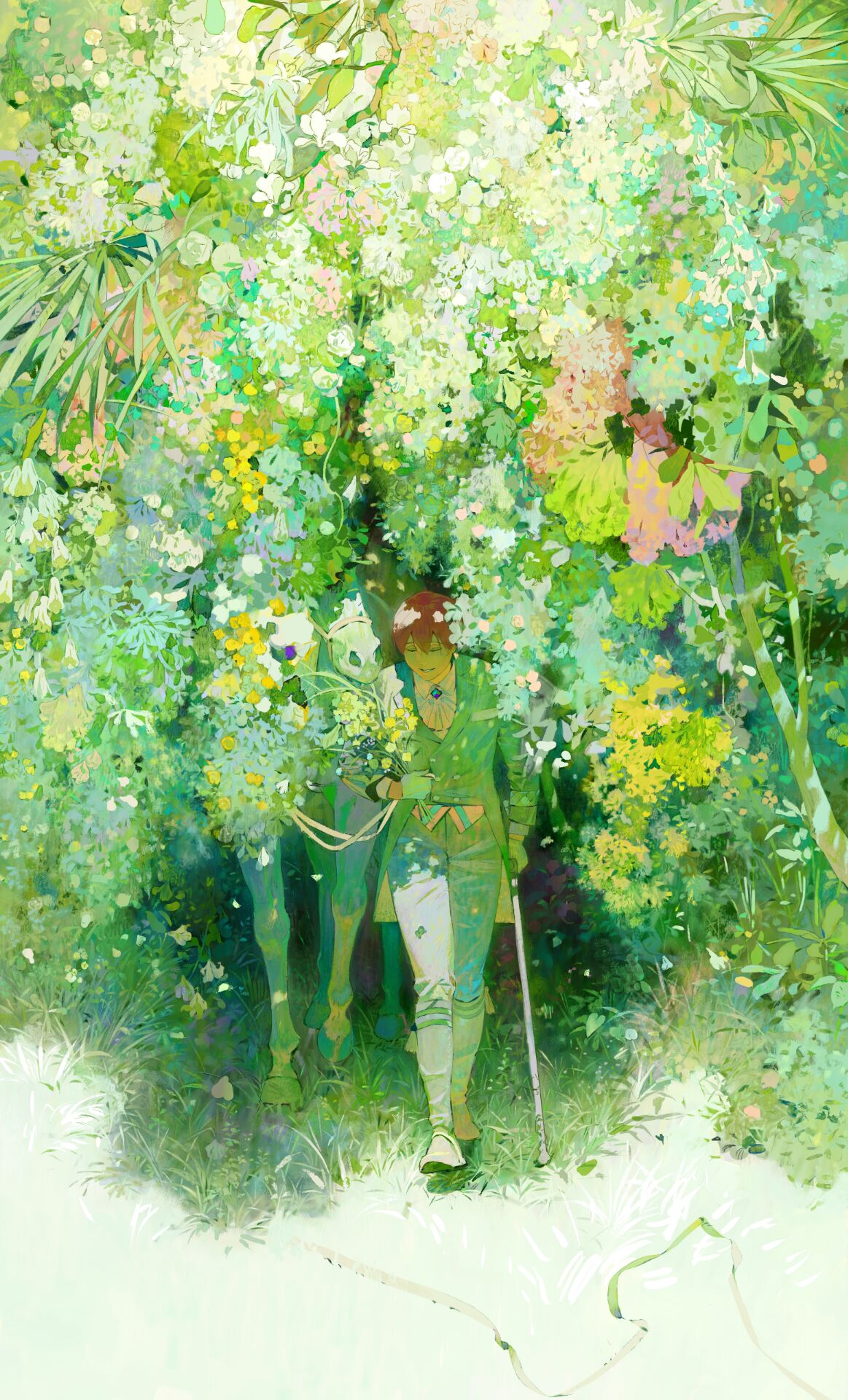 1boy cane flower gloves grass green_theme grey_pants highres horse leaf long_sleeves original pants red_hair shadow short_hair solo tree white_gloves wide_shot xiaoquandianer yellow_flower