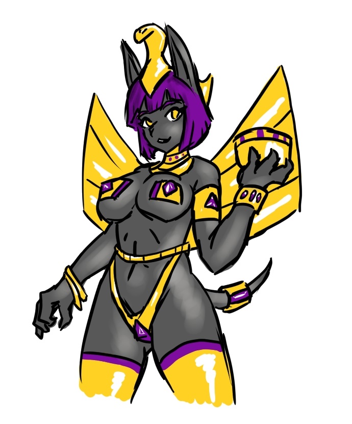 anubian_jackal black_body bowl_cut bracelet breasts canid canine canis choker clothing egyptian glistening glistening_body gold_(metal) hair headgear headwear jackal jewelry legwear looking_at_viewer mammal necklace ornament pasties purple_hair serth smile solo tail thigh_highs thong underwear