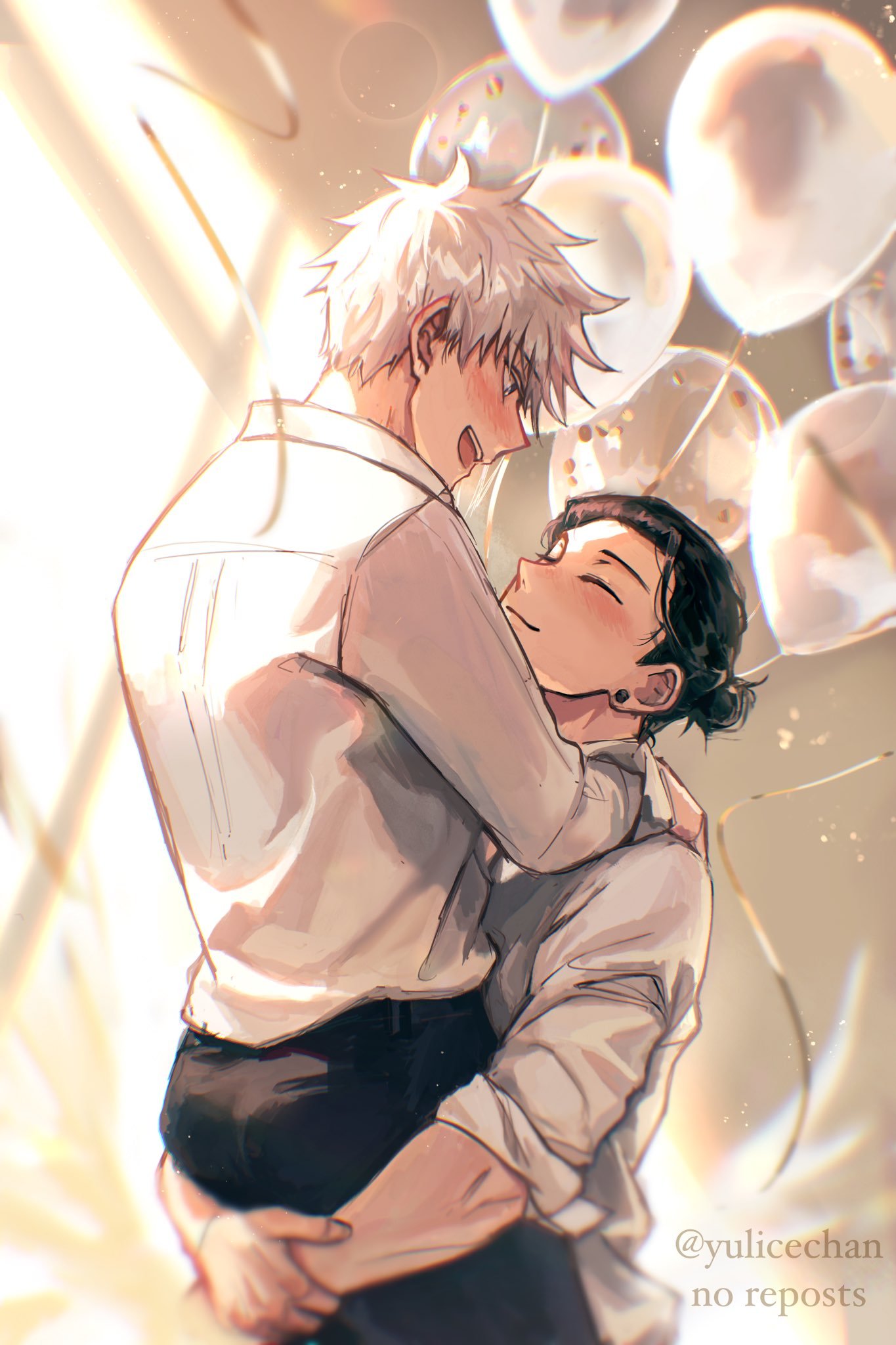 2boys :d ^_^ artist_name balloon black_hair black_pants bloom blue_eyes blush carrying closed_eyes closed_mouth collared_shirt commentary dress_shirt earrings english_commentary getou_suguru gojou_satoru hair_bun highres indoors jewelry jujutsu_kaisen lens_flare light_particles long_sleeves looking_at_another looking_down male_focus multiple_boys open_mouth pants profile shirt short_hair single_hair_bun sleeves_rolled_up smile standing streamers teeth twitter_username upper_teeth_only watermark white_hair white_shirt yaoi yulicechan