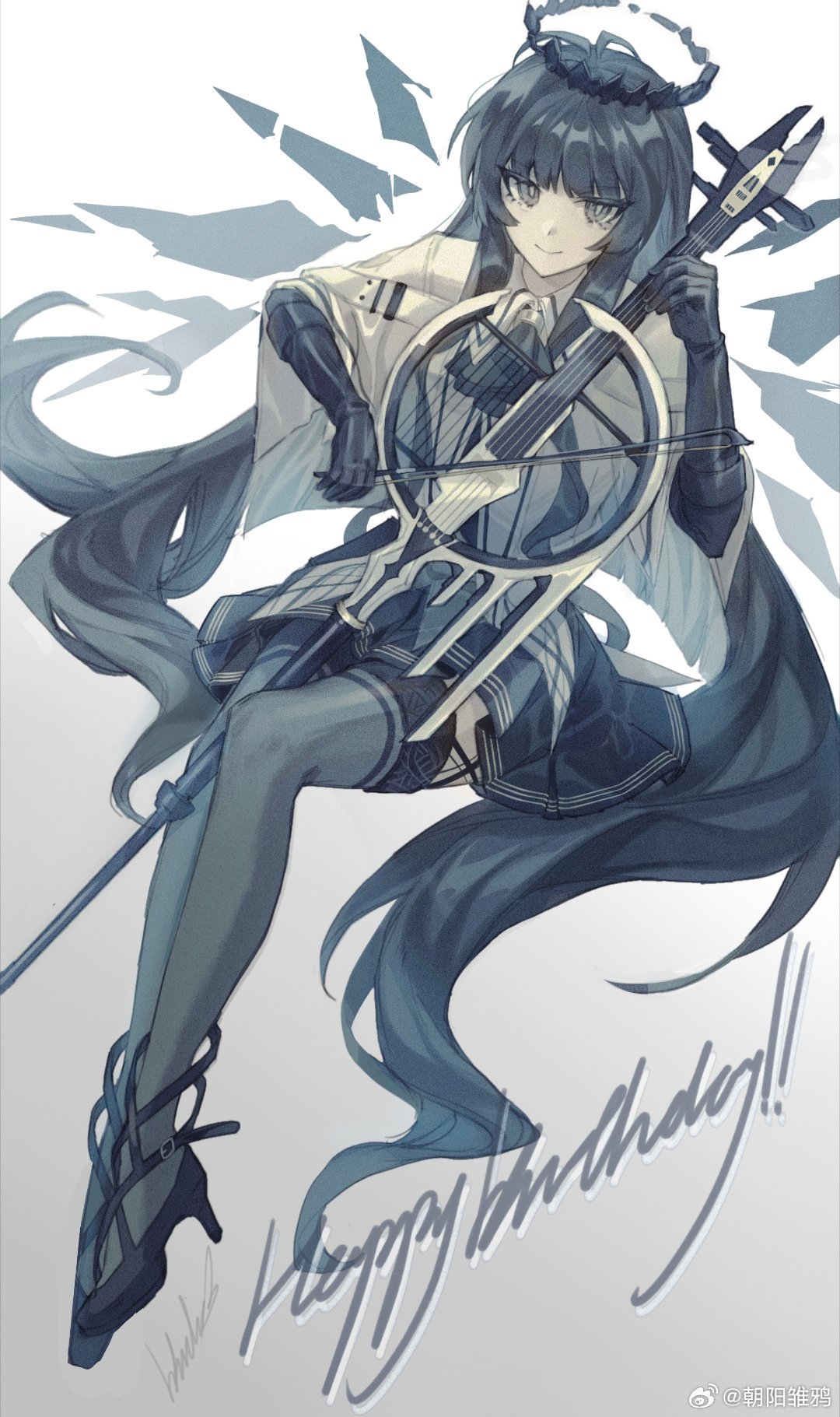 1girl absurdly_long_hair antenna_hair arknights artist_name ascot belt belt_buckle between_legs black_ascot black_bustier black_footwear black_garter_straps black_hair black_halo black_skirt black_thighhighs blunt_bangs bow_(music) bright_pupils broken_halo buckle bustier cello chinese_commentary chinese_text closed_mouth collared_jacket colored_inner_hair commentary_request cursive dangling dark_halo detached_wings dress_shirt dutch_angle energy_wings film_grain floating_hair foreshortening from_side full_body garter_straps glove_cuffs gloves gradient_background grey_background grey_eyes grey_hair grey_shirt grey_wings halo hands_up happy_birthday high_heels highres hime_cut holding holding_bow_(music) holding_instrument holding_violin instrument invisible_chair jacket layered_sleeves legs_together light_smile long_hair long_sleeves looking_at_viewer looking_to_the_side miniskirt mole mole_under_eye multicolored_hair music pale_color pale_skin playing playing_instrument pleated_skirt shadow shirt short_over_long_sleeves short_sleeved_jacket short_sleeves sidelocks sideways_glance signature sitting skirt solo straight_hair strappy_heels thighhighs two-tone_hair very_long_hair violin virtuosa_(arknights) watermark weibo_6990169017 weibo_logo weibo_username white_belt white_jacket white_pupils wide_sleeves wing_collar wings zettai_ryouiki
