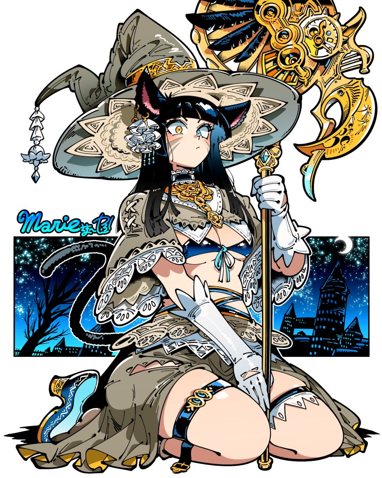 1girl animal_ears artist_name black_hair blue_bra blue_footwear bra castle cat_ears cat_girl cat_tail choker commission crescent earrings elbow_gloves facial_mark frilled_choker frills gloves grey_shirt grey_skirt hat heterochromia holding holding_scepter jewelry kafun kneeling long_hair looking_at_viewer night night_sky open_clothes original scepter shirt skeb_commission skirt sky star_(sky) starry_sky tail thigh_strap underwear unworn_footwear whisker_markings white_gloves wide_sleeves witch_hat