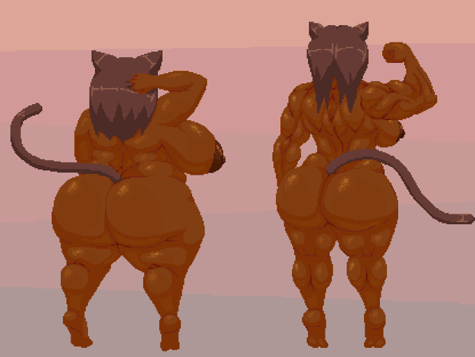 animal_humanoid back_boob back_muscles big_breasts big_butt breasts brown_body brown_skin butt dark_body dark_skin duo felid felid_humanoid female hair huge_breasts humanoid lunakaka_(spinneborg) mammal mammal_humanoid minakaka_(spinneborg) muscular muscular_female nude overweight overweight_female rear_view spinneborg standing thick_thighs