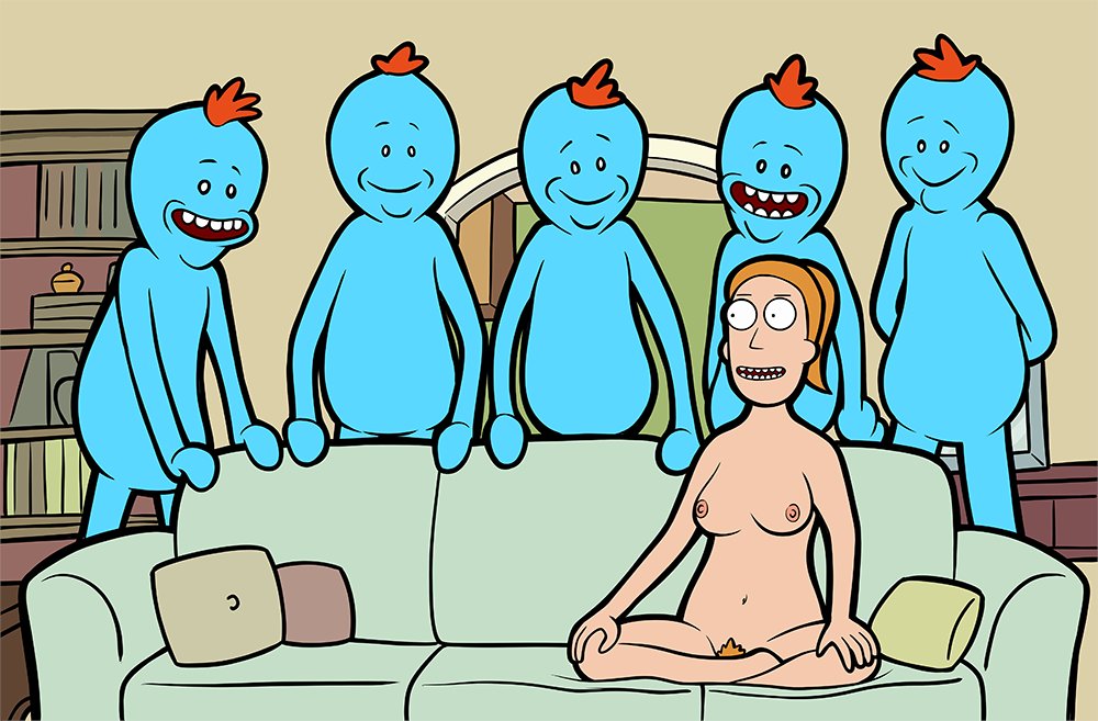 adult_swim breasts cartoon_network female furniture group hair happy human mammal meeseek meme mr_meeseeks nipples nude orange_hair piper_perri_surrounded pubes rick_and_morty smile sofa summer_smith teeth trpxart