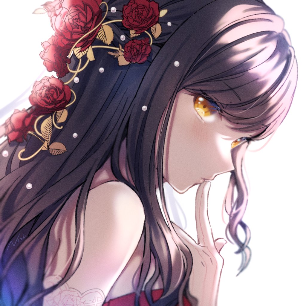 1girl aozora_ni_negau_your_happiness!_(project_sekai) artist_name bare_shoulders black_hair blue_hair closed_mouth commentary flower gloves gradient_hair hair_flower hair_ornament hand_up looking_at_viewer multicolored_hair nozu63 orange_eyes portrait project_sekai red_flower red_rose rose shiraishi_an sidelocks simple_background solo two-tone_hair white_background