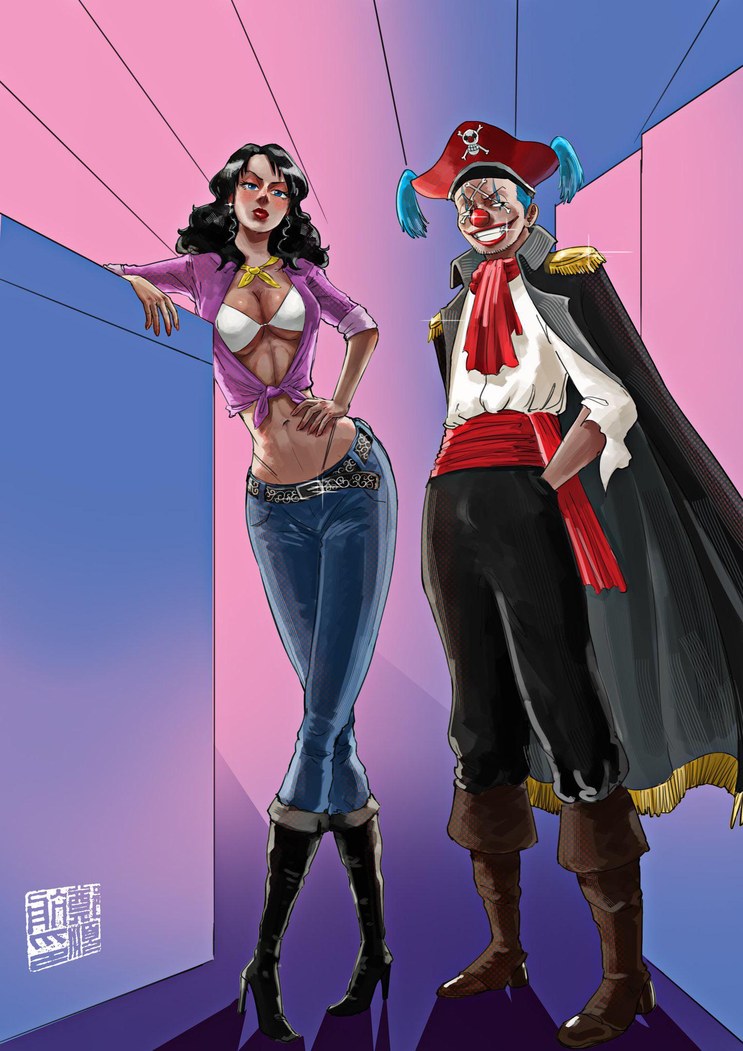 1boy 1girl aliasartworks alvida_(one_piece) ascot black_hair blue_eyes blue_hair blush_stickers buggy_the_clown closed_mouth clown_nose coat curly_hair earrings english_commentary facial_mark freckles hand_on_own_hip hat highres jewelry jolly_roger lipstick looking_at_viewer makeup midriff one_piece pirate_hat red_ascot red_lips red_sash sash short_hair signature skull_and_crossbones teeth