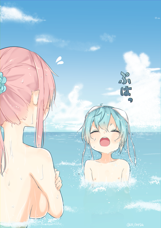 1boy 1girl assisted_exposure bikini bikini_top_on_head blue_hair blush breasts closed_eyes cloud covering covering_breasts ear_blush flying_sweatdrops hair_ornament hair_scrunchie large_breasts long_hair looking_at_another nei_akutsu nipples ocean open_mouth original os_(os_fresa) outdoors partially_submerged pink_hair scrunchie short_hair sideboob souta_kandori surfacing swimsuit topless twitter_username unworn_bikini_top wardrobe_malfunction white_bikini