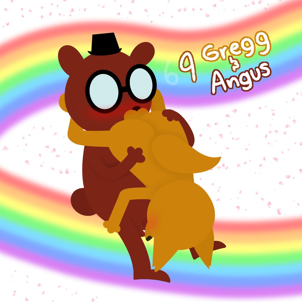 69_position angus_delaney anthro balls bear black_clothing black_hat black_headwear black_nose blush butt canid canine clothing detailed_background duo english_text fox genitals gregg_lee hat headgear headwear male male/male mammal night_in_the_woods nishi_oxnard nude oral penis rainbow sex standing_up_sex text toony