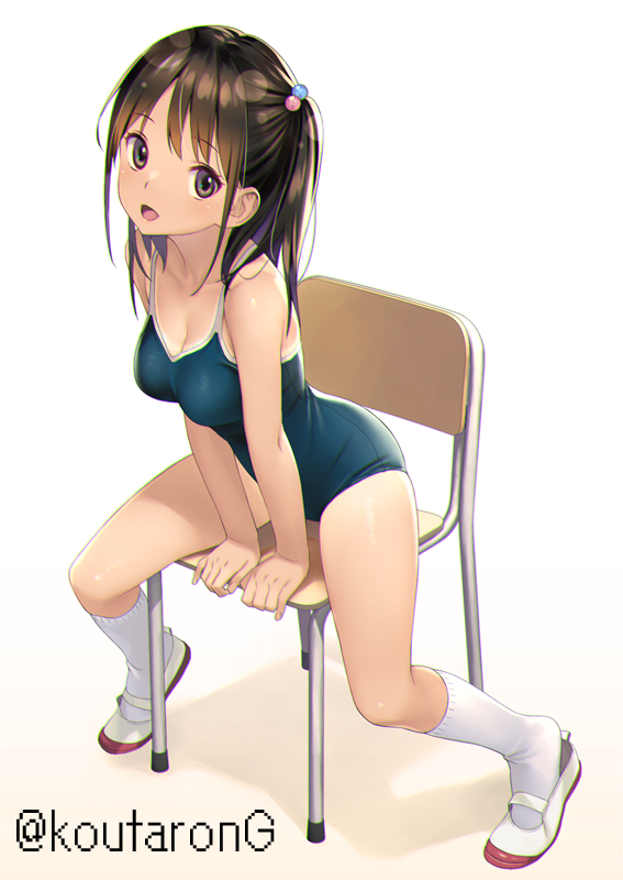 1girl :d arm_support bare_arms bare_shoulders black_hair blue_one-piece_swimsuit breasts brown_eyes chair cleavage collarbone commentary_request full_body hair_bobbles hair_ornament koutaro long_hair looking_at_viewer medium_breasts on_chair one-piece_swimsuit one_side_up original school_chair school_swimsuit shoes sitting smile socks solo swimsuit tan tanlines twitter_username uwabaki white_background white_footwear white_socks