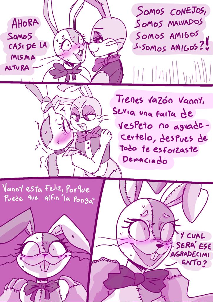 anthro blush bow_accessory buckteeth clothing comic dialogue duo female five_nights_at_freddy's glitchtrap happy lagomorph leporid male mammal purple_background rabbit renita_reed scottgames simple_background smile spanish_text speech_bubble sweater teeth text topwear vanny_(fnaf) whiskers white_background