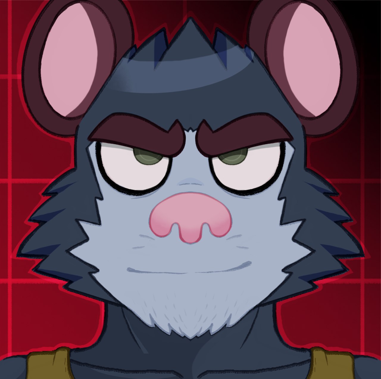 2020 anthro bowserboy101 clothing didelphid digital_media_(artwork) eyebrows fur geometric_background green_eyes grey_body grey_fur grid_background hi_res lorenzo_(bowserboy101) male mammal marsupial pattern_background pink_nose red_background shirt simple_background smile solo tank_top thick_eyebrows topwear