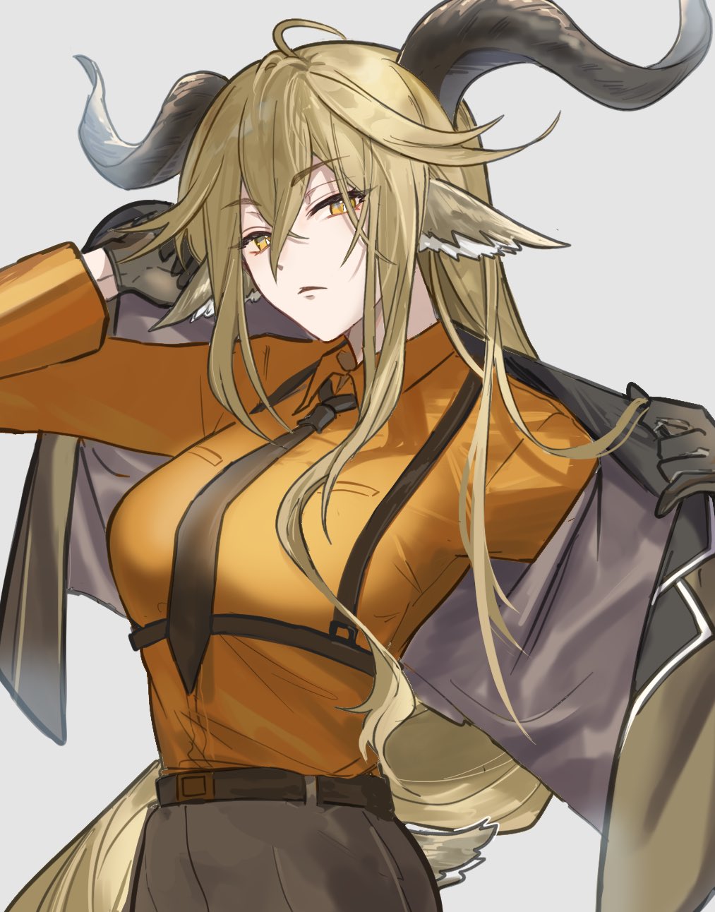 1girl ahoge animal_ear_fluff animal_ears arknights asymmetrical_sidelocks belt belt_buckle blonde_hair breasts bright_pupils brown_belt brown_necktie brown_pants buckle chest_harness chinese_commentary closed_mouth collared_shirt commentary_request cowboy_shot crossed_bangs degenbrecher_(arknights) double-parted_bangs dress_shirt expressionless eyelashes from_side gloves goat_ears goat_girl goat_horns goat_tail green_gloves green_jacket grey_background hair_between_eyes hair_flowing_over hands_up harness head_tilt highres holding holding_clothes holding_jacket horns jacket lapels large_breasts long_bangs long_hair long_sleeves looking_at_viewer mabing military military_jacket military_uniform necktie notched_lapels open_clothes open_jacket orange_shirt pants putting_on_jacket shadow shirt sidelocks sideways_glance simple_background solo standing straight_hair tail uniform very_long_hair white_pupils wing_collar yellow_eyes