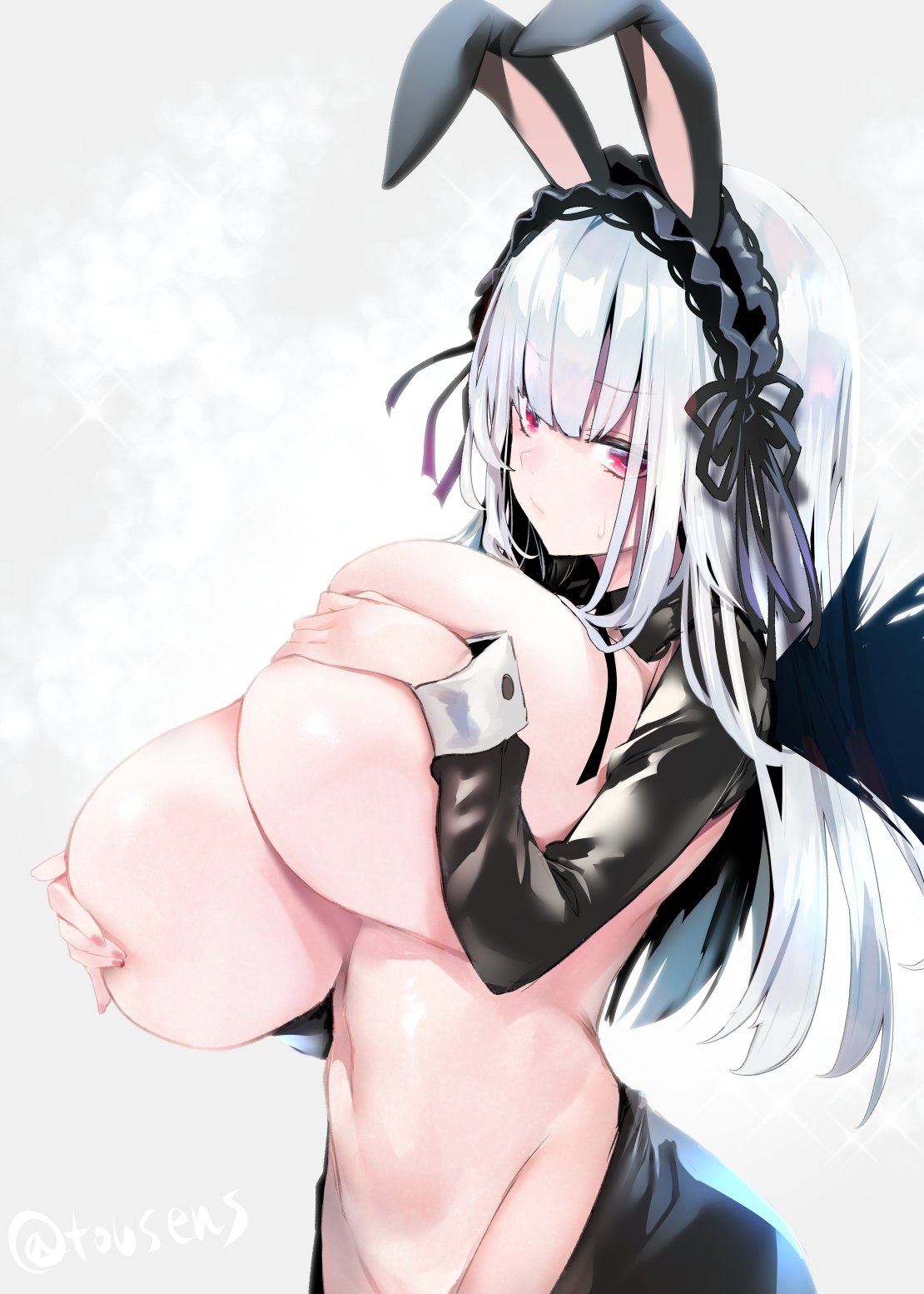 1girl animal_ears black_hairband breasts bunny_day closed_mouth commentary covering covering_breasts grey_background grey_hair groin hairband highres huge_breasts lolita_hairband long_hair long_sleeves looking_at_viewer meme_attire navel rabbit_ears red_eyes reverse_bunnysuit reverse_outfit rozen_maiden solo suigintou tousen